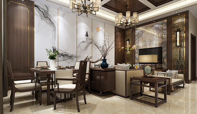 绿都澜湾140平新中式风格三居室装修效果图
