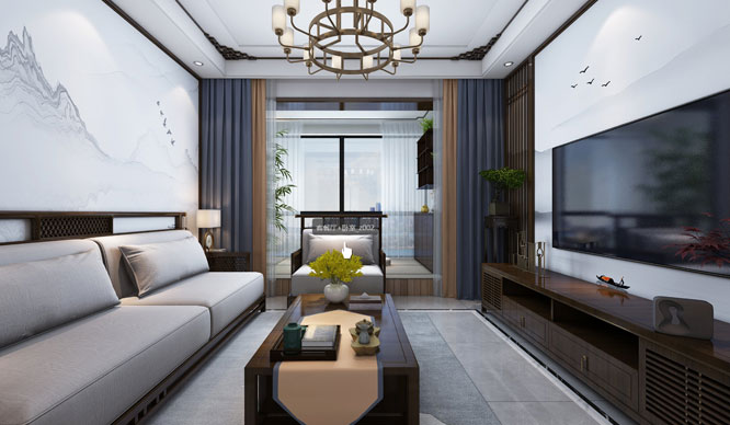 康桥悦城98平新中式风格三居室装修VR全景图